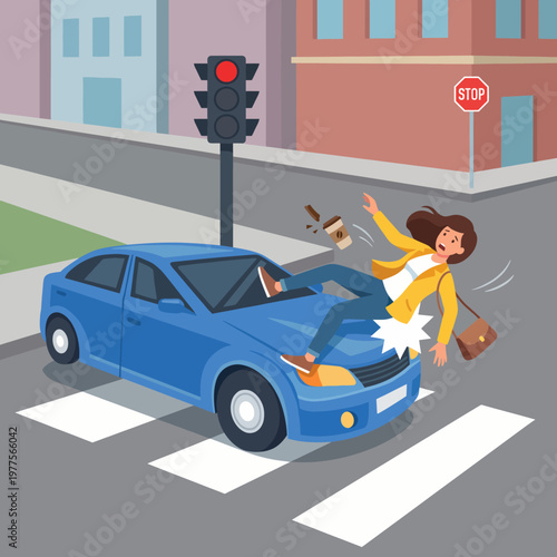 A pedestrian falls onto a blue car after being hit while crossing a street with a stop sign and traffic light, emphasizing road safety concerns and urban dangers.