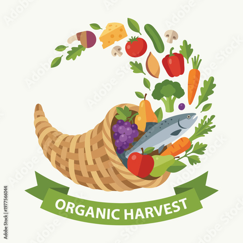 A visually appealing illustration of a cornucopia filled with an array of organic harvest produce, symbolizing abundance, health, and the importance of organic farming.