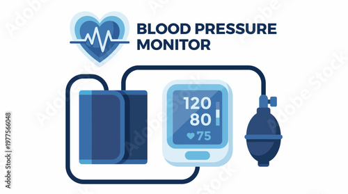 An illustrated blood pressure monitor displays essential health data, including systolic, diastolic, and heart rate, emphasizing the importance of monitoring health status regularly.