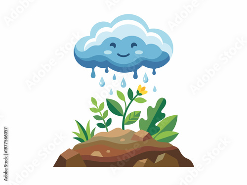 A cheerful cloud rains over plants on the ground, representing nature's cycle and the importance of rain for growth, emphasizing environmental themes in a playful illustration.