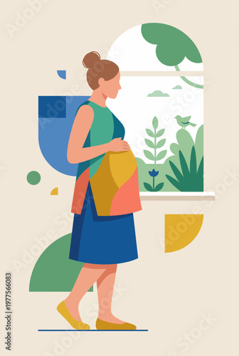 This beautifully designed image depicts a pregnant woman in a tranquil setting, highlighting the themes of motherhood, nature, and the warmth of new beginnings.