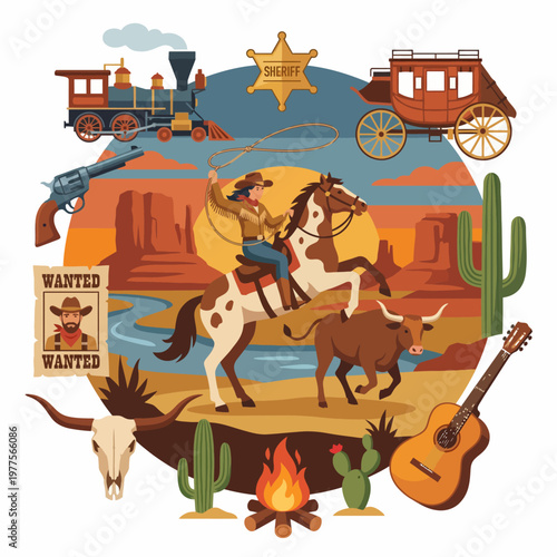 This lively illustration evokes the spirit of the Wild West, featuring a cowboy on horseback, a steam train, and iconic western symbols like cacti and a sheriff's badge.