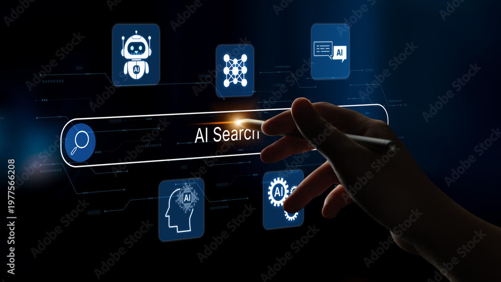 Fototapeta premium AI-powered search interface concept with multiple assistant tools, intelligent logic and automation engine working in harmony. Corpus