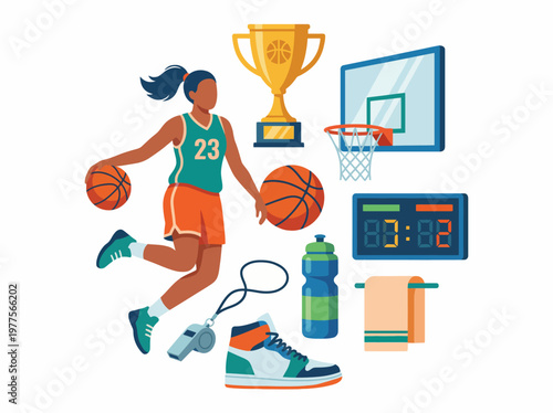 This dynamic illustration showcases a basketball player in action, along with a trophy, score clock, and essential sports gear, celebrating athleticism and competition.