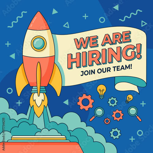 This vibrant illustration announces a hiring call with a rocket launching, symbolizing growth, opportunity, and ambition in a fun and engaging visual style.