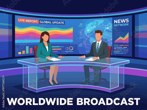 A professional news anchor team presenting a worldwide update in a high-tech studio, featuring graphs and interactive maps on the screens behind them, showcasing data visually.