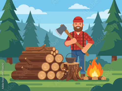 An illustration of a friendly lumberjack holding an axe, standing beside chopped logs and a campfire, showcasing outdoor life, hard work, and the beauty of nature in a forest.