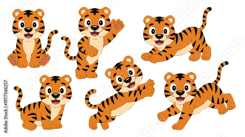 Cartoon tiger cubs in various playful poses on white background