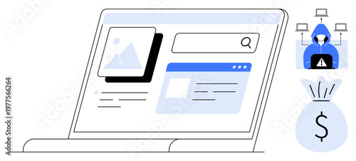 Cybersecurity, phishing scams, online fraud, hacking prevention, financial protection, digital safety. Laptop screen with data and symbols of cyber threats thumbs up a hacker and a money bag