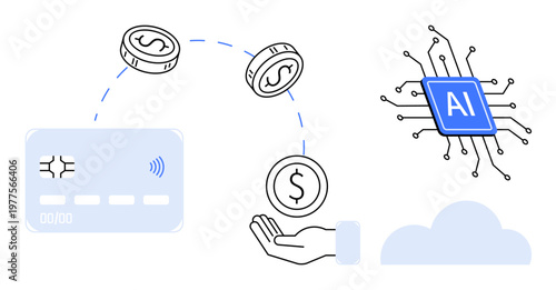 Digital payments, artificial intelligence, fintech, cloud computing, online financial transactions, cashless economy. A card, coins hand AI chip and a cloud. Digital payments and AI for fintech