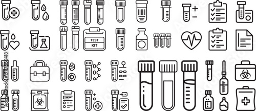 A wide assortment of outline icons representing laboratory testing, medical samples, and scientific research equipment