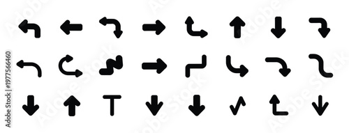 Diverse set of black arrow icons, including curved, straight, and zigzag designs, ideal for user interface and directional cues.