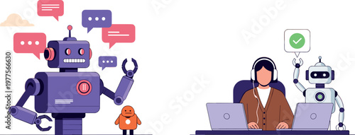 Customer Support with Chatbot and Virtual Assistant Illustration Featuring Robot Interaction and Helpdesk Service
