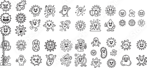 Diverse collection of line art cartoon virus and bacteria characters displaying various expressions and actions
