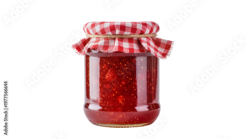 Foto Isolated delicious homemade strawberry jam in a glass jar with a red checkered l
