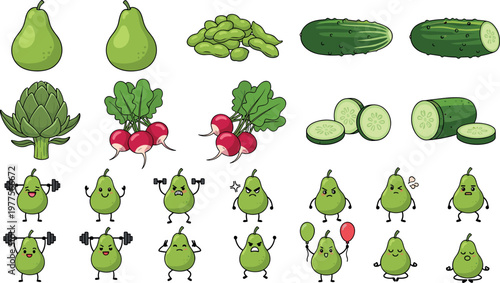 Pear and vegetable illustration set with cucumber radish artichoke and cute cartoon pear characters isolated on white background
