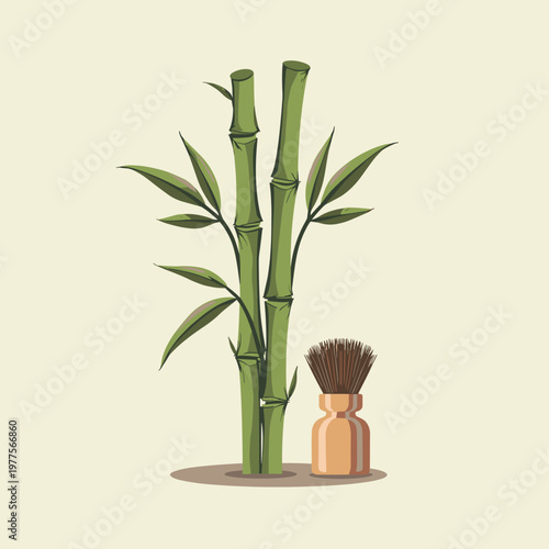 A minimalist illustration featuring green bamboo stalks with pointed leaves and a traditional wooden matcha whisk. The scene is set against a light cream background, with copy space.