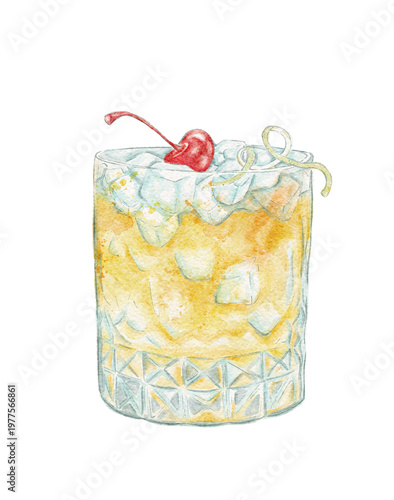 Photos Whiskey Sour cocktail watercolor illustration with lemon peel and Maraschino che