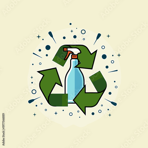 A flat graphic illustration of a blue spray bottle encircled by three green recycling arrows and decorative floating dots. This image highlights eco-friendly cleaning and sustainable packaging.