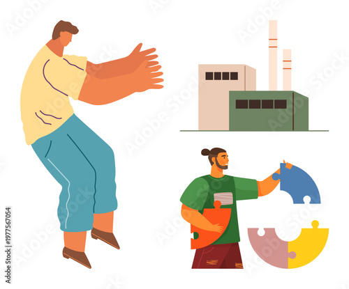 Team-building, industrial growth, cooperation, innovation, problem-solving, teamwork. Person assembling puzzle pieces, man gesturing near a factory. Team-building and industrial growth concepts