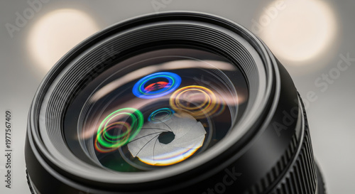 Camera lens with colorful reflections closeup.