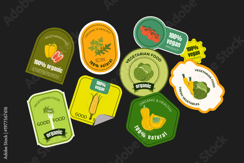 Collection of organic and vegan food stickers, labels and badges. Perfect for grocery branding, packaging, food delivery apps, markets, menus, and healthy lifestyle projects. 