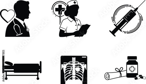 Healthcare medical illustration, doctor, nurse, syringe, hospital bed, X‑ray, medicine bottle, patient care, diagnostics, pharmaceuticals, medical education