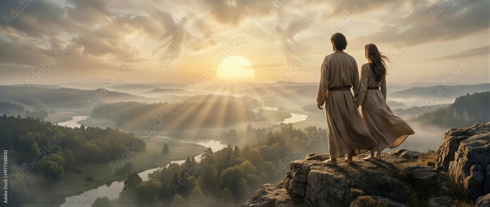 Fototapeta premium Adam and Eve standing on cliff at sunrise overlooking the Garden of Eden. Biblical scene of creation and paradise. Spiritual landscape with angels in sky. Faith and religious. Banner with copy space