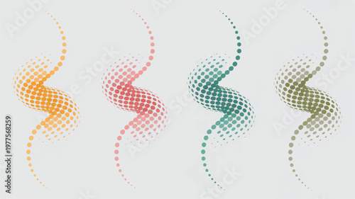 colorful abstract wave patterns made of small dots in orange pink green and brown hues