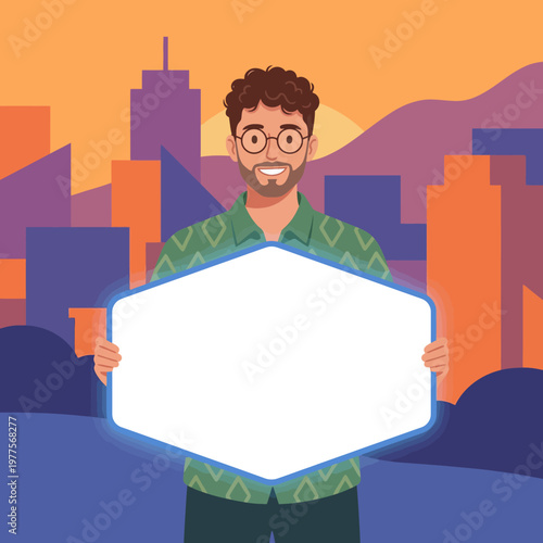A friendly man stands holding a blank sign against a vibrant urban backdrop, symbolizing endless possibilities and new ideas waiting to be explored and shared.