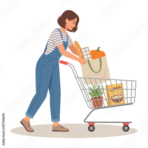 A woman cheerfully pushing a shopping cart filled with groceries, showcasing daily life and the joy of shopping for essentials and personal treats.