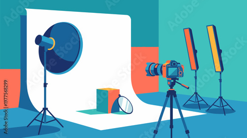 A photography setup with a camera, lighting, and a backdrop that highlights the artistry and precision involved in capturing fantastic images in a professional studio environment.