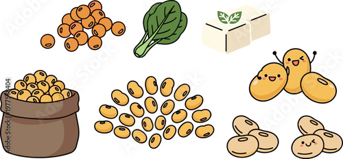 Soybean food illustration set with beans, tofu, spinach and cute characters isolated on white background, healthy vegan protein concept