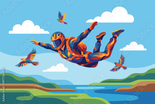 A fearless skydiver with a flame-patterned suit gracefully glides through the sky, with vibrant birds fluttering around him against a bright blue backdrop of clouds and nature.