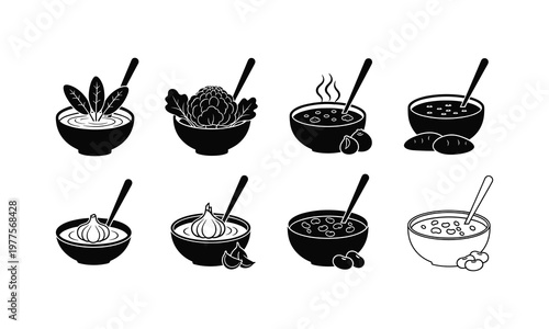 Eight distinct bowls of soup and broth with various ingredients and garnishes
