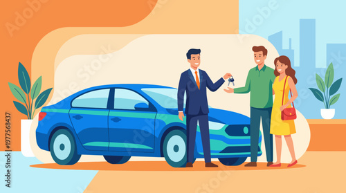 A happy couple receives car keys from a cheerful salesman next to a sleek blue vehicle, symbolizing successful transactions and the joy of purchasing a new car in a modern environment.