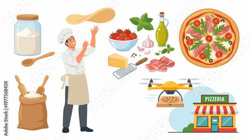 A skilled chef artfully tosses pizza dough while surrounded by fresh ingredients, illustrating the creativity and passion involved in making authentic pizza in a lively and colorful setting.