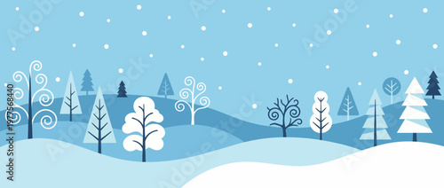 This whimsical winter landscape features a variety of stylized trees against a serene blue background with falling snowflakes, providing a picturesque and peaceful scene.