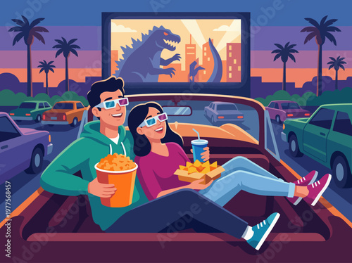 A fun couple enjoys a nostalgic drive-in movie experience, complete with popcorn and drinks, as they watch a giant monster flick under the evening sky of palm trees.