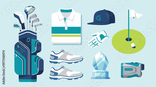 This engaging image features a complete set of golf equipment including clubs, apparel, and accessories, targeting golf enthusiasts and sports gear enthusiasts alike.