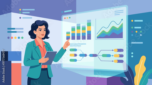 A confident businesswoman analyzes data trends on a futuristic screen, presenting valuable insights to guide decision-making in a modern office environment.