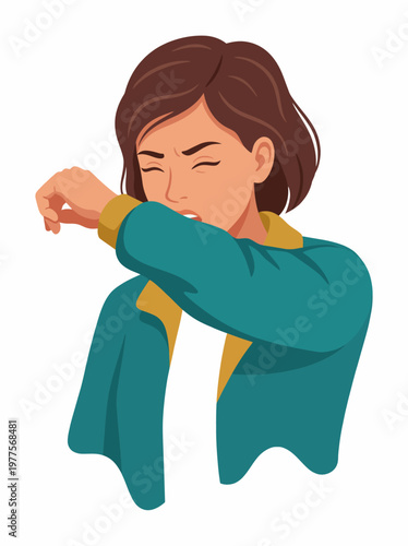 This image depicts a woman coughing into her arm, illustrating health concerns and the importance of hygiene practices in preventing the spread of illness.