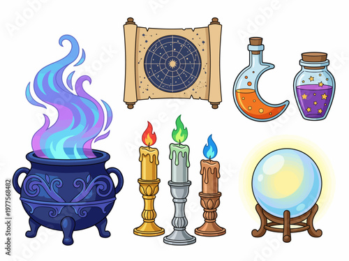 This enchanting image features magical items like a cauldron, potions, and candles, highlighting themes of mysticism, fantasy, and the world of witchcraft.