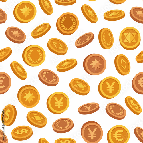 An eye-catching pattern of assorted coins depicting various currencies, representing trade, economy, and financial transactions in a visually appealing design.