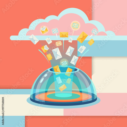 This dynamic image illustrates cloud communication through email symbols, representing the fast-paced exchange of information in today’s digital world.