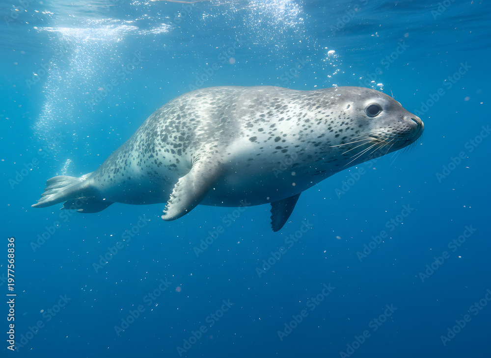 Fototapeta premium Underwater view of a spotted Weddell seal swimming through deep blue ocean water, illuminated by bright sunlight rays filtering from the surface with trails of tiny air bubbles.
