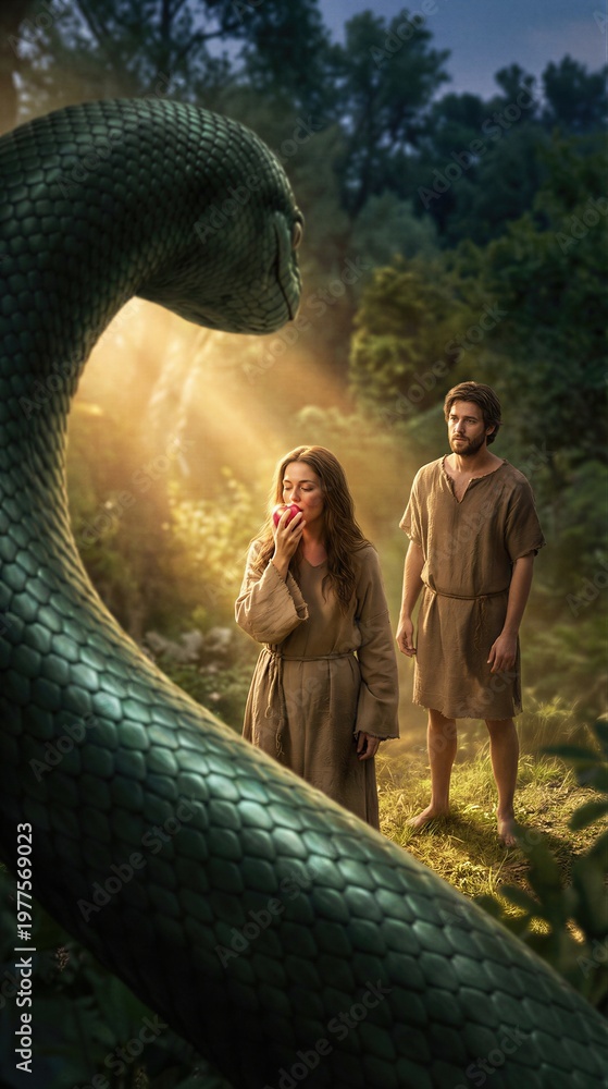 Naklejka premium Adam and Eve in the Garden of Eden with a serpent. Woman holding an apple as a man stands beside her. Biblical story of creation, temptation, fall of man, and original sin narrative.