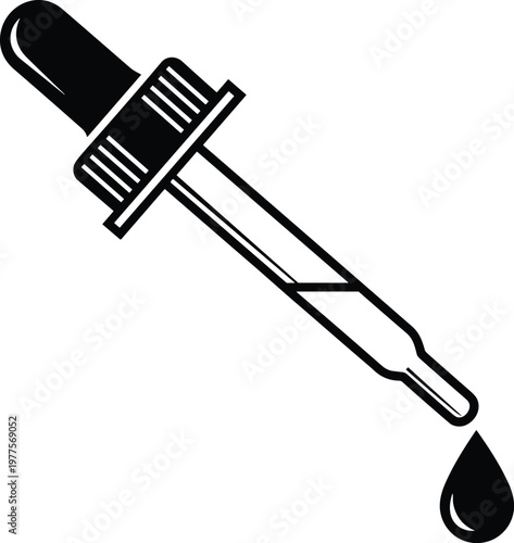 Dropper silhouette illustration, liquid dispenser artwork, precision measurement design concept, medical laboratory symbol graphic, black white cosmetic product representation