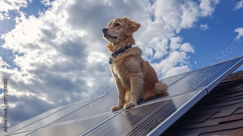 Golden Retriever puppy sits on solar panels, sunny sky