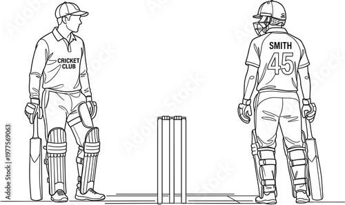 Cricket players standing near stumps front and back view sports uniform line art vector illustration for game concept